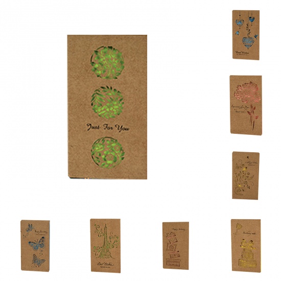 Picture of Kraft Paper Greeting Card Rectangle Eiffel Tower Brown Hollow 18cm x 10cm, 2 Sets