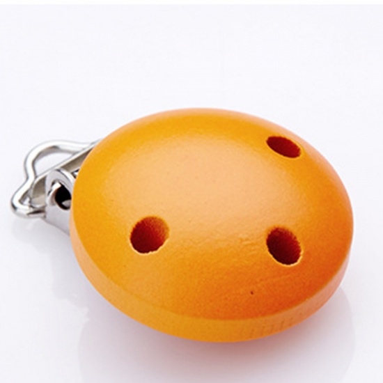 Picture of Schima Superba Wood Painted Baby Pacifier Clip Round Orange Three Holes 3cm Dia., 5 PCs