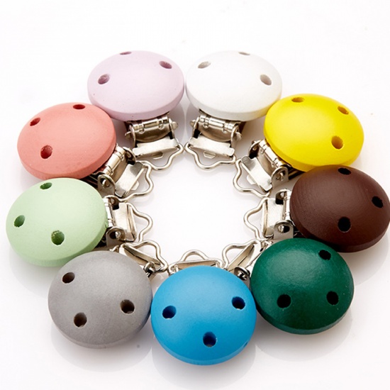Picture of Schima Superba Wood Painted Baby Pacifier Clip Round Light Blue Three Holes 3cm Dia., 5 PCs