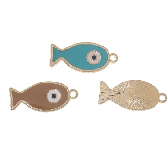 Picture of Zinc Based Alloy Charm Pendants Fish Rose Gold Evil Eye Pattern At Random Enamel 28mm(1 1/8") x 13mm( 4/8"), 10 PCs