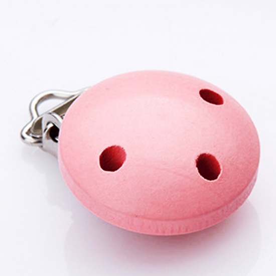 Picture of Schima Superba Wood Painted Baby Pacifier Clip Round Light Pink Three Holes 3cm Dia., 5 PCs