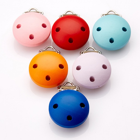 Picture of Schima Superba Wood Varnish Lacquered Baby Pacifier Clip Round Natural Three Holes 3cm Dia., 5 PCs