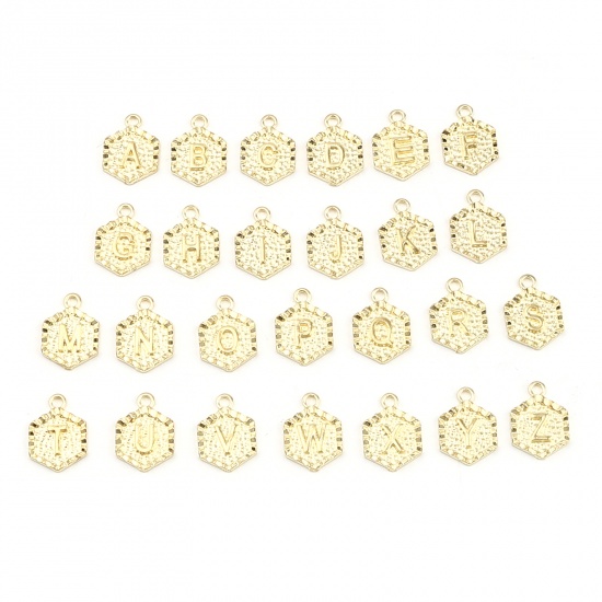 Picture of Zinc Based Alloy Charms 16K Gold Color Hexagon Initial Alphabet/ Capital Letter 17mm x 12mm, 1 Set