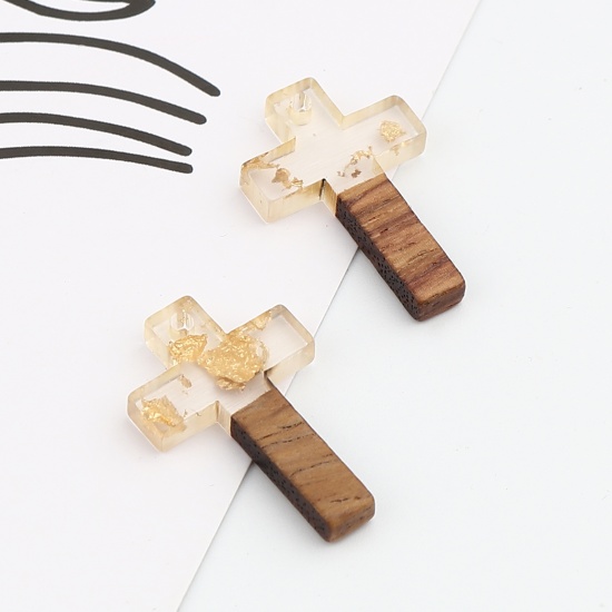 Immagine di Resina Charm Resina Effetto Legno Charms Croce Oro Stagnola 25mm x 16mm, 5 Pz