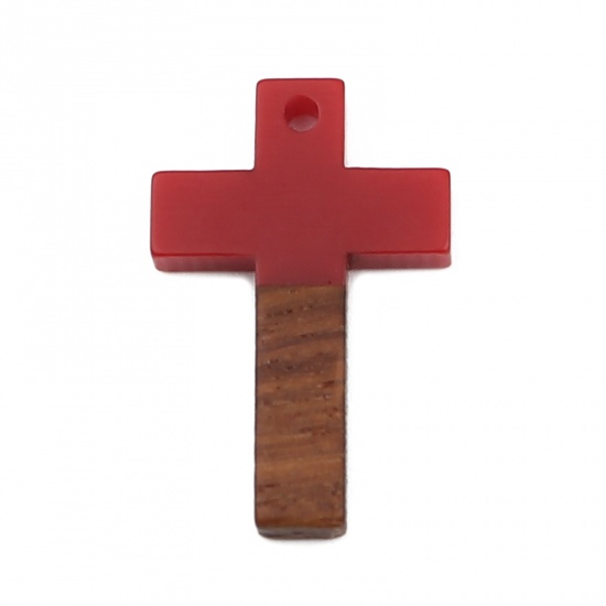 Immagine di Resina Charm Resina Effetto Legno Charms Croce Rosso 25mm x 16mm, 5 Pz