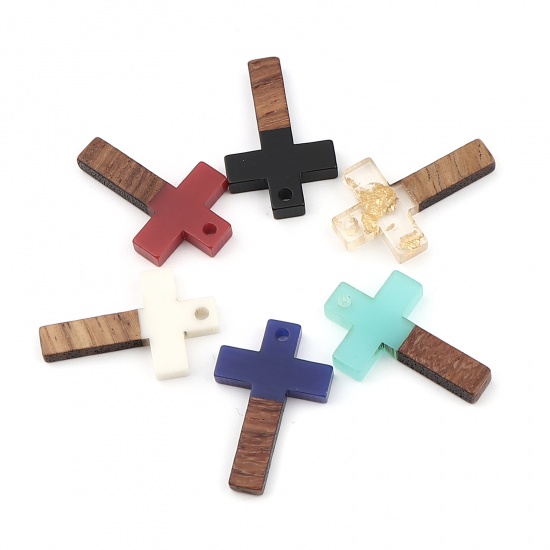 Immagine di Resina Charm Resina Effetto Legno Charms Croce Blu Scuro 25mm x 16mm, 5 Pz