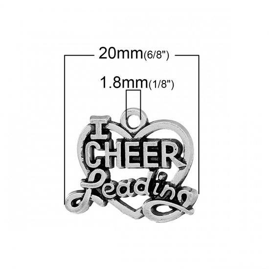 Picture of Zinc Metal Alloy Charm Pendants Heart Antique Silver Color Message " I CHEER Leading " Carved Hollow 20mm( 6/8") x 17mm( 5/8"), 20 PCs