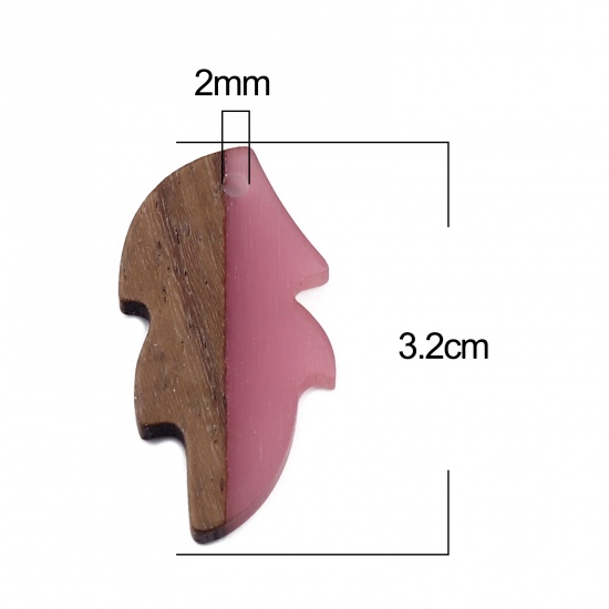 Picture of Resin Natural Wood Effect Resin Pendants Leaf Hot Pink 32mm x 16mm, 5 PCs