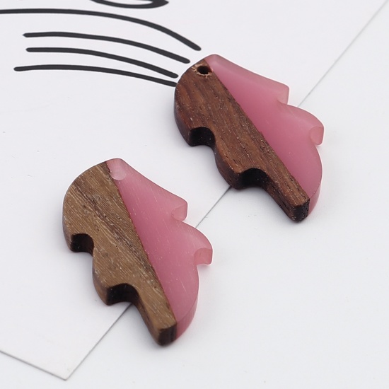 Picture of Resin Natural Wood Effect Resin Pendants Leaf Hot Pink 32mm x 16mm, 5 PCs