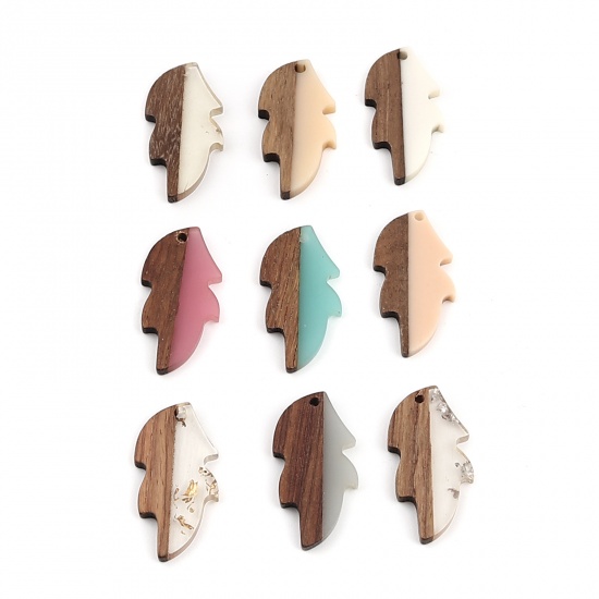 Picture of Resin Natural Wood Effect Resin Pendants Leaf Creamy-White 32mm x 16mm, 5 PCs