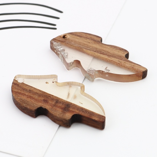 Picture of Resin Natural Wood Effect Resin Pendants Leaf Silver Color Foil 32mm x 16mm, 5 PCs