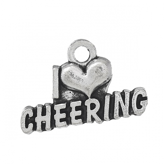 Immagine di Lega di Zinco Charm Ciondoli Cuore Argento Antico Lettere Scolpito " CHEERING " 20mm x 13mm , 30 Pz