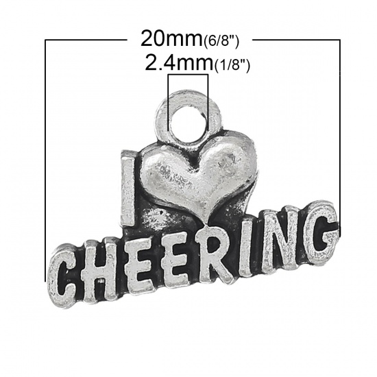 Picture of Zinc Metal Alloy Charm Pendants Heart Antique Silver Color Message " CHEERING " Carved 20mm( 6/8") x 13mm( 4/8"), 30 PCs