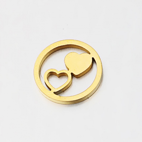 Picture of Stainless Steel Charms Round Gold Plated Heart 12mm Dia., 2 PCs