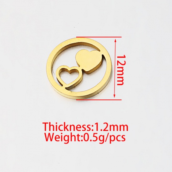 Picture of Stainless Steel Charms Round Gold Plated Heart 12mm Dia., 2 PCs