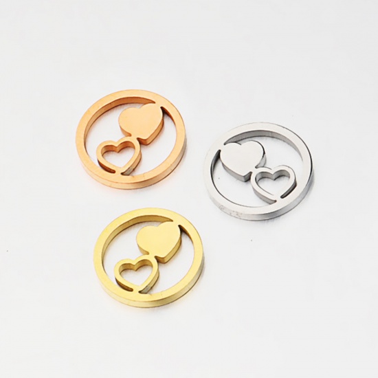 Picture of Stainless Steel Charms Round Gold Plated Heart 12mm Dia., 2 PCs