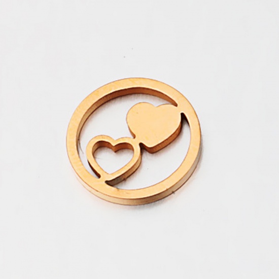 Picture of Stainless Steel Charms Round Rose Gold Heart 12mm Dia., 2 PCs