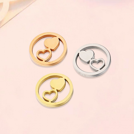 Picture of Stainless Steel Charms Round Rose Gold Heart 12mm Dia., 2 PCs