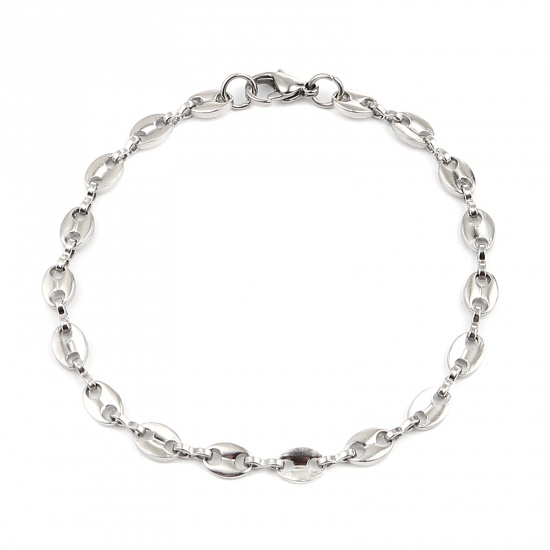 Picture of 304 Stainless Steel Stylish Link Chain Anklet Silver Tone Coffee Bean 21cm - 20cm long, 1 Piece