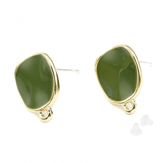 Picture of Zinc Based Alloy Ear Post Stud Earrings Findings Irregular Gold Plated Green Round W/ Loop Enamel 15mm x 12mm, Post/ Wire Size: (21 gauge), 2 Pairs