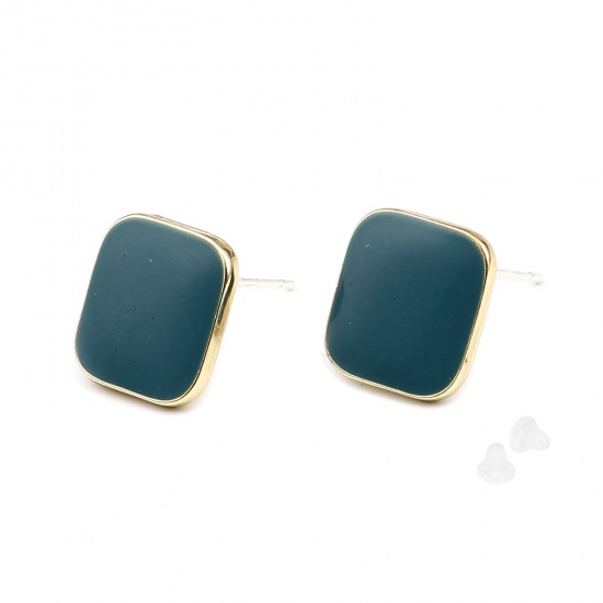 Picture of Zinc Based Alloy Ear Post Stud Earrings Findings Rhombus Gold Plated Peacock Blue W/ Loop Enamel 14mm x 14mm, Post/ Wire Size: (21 gauge), 2 Pairs