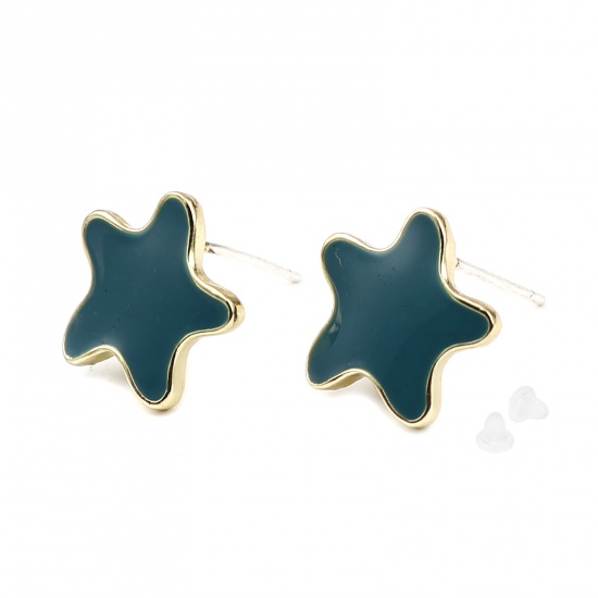 Imagen de Zamak Joyería del océano Pendientes Estrella de mar Chapado en Oro Azul Pavo W/ Lazo 13mm x 13mm, Post/ Wire: (21 gauge), 2 Pares