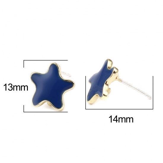 Imagen de Zamak Joyería del océano Pendientes Estrella de mar Chapado en Oro Azul Marino W/ Lazo 13mm x 13mm, Post/ Wire: (21 gauge), 2 Pares