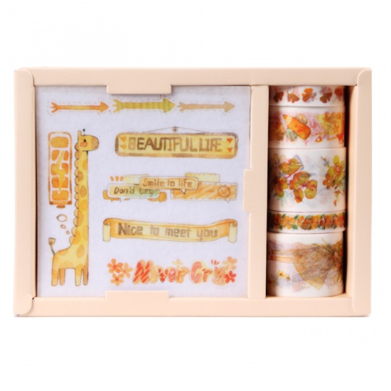 Picture of Japanese Paper Tapes Stickers Set DIY Craft Scrapbook Decoration Giraffe Animal Leaf Orange 1 Box