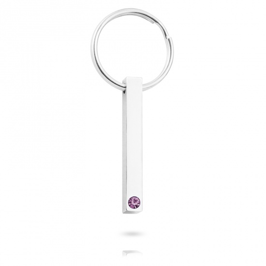 Image de Porte-Clés en 304 Acier Inoxydable Pierres de Naissance Annulaire Argent Mat Rectangle Pouvoir Graver sur Espace Blanc à Strass Pourpre 65mm, 1 Pièce