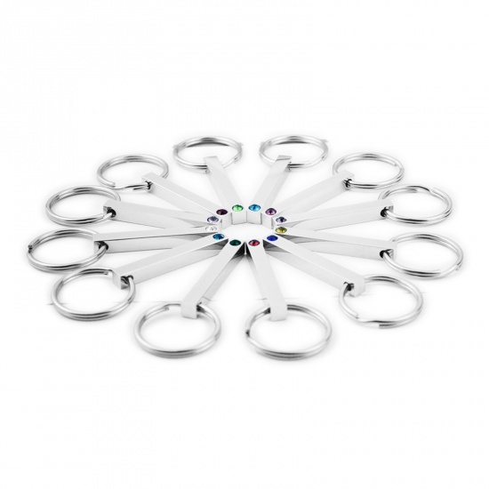 Image de Porte-Clés en 304 Acier Inoxydable Pierres de Naissance Annulaire Argent Mat Rectangle Pouvoir Graver sur Espace Blanc à Strass Pourpre 65mm, 1 Pièce