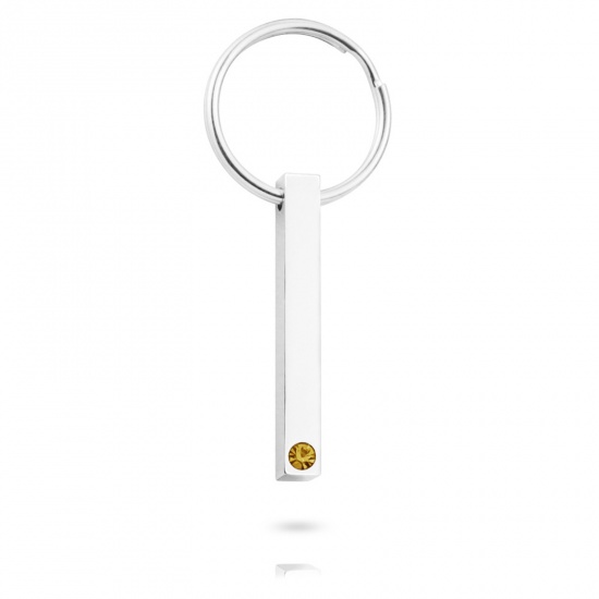 Image de Porte-Clés en 304 Acier Inoxydable Pierres de Naissance Annulaire Argent Mat Rectangle Pouvoir Graver sur Espace Blanc à Strass Jaune 65mm, 1 Pièce