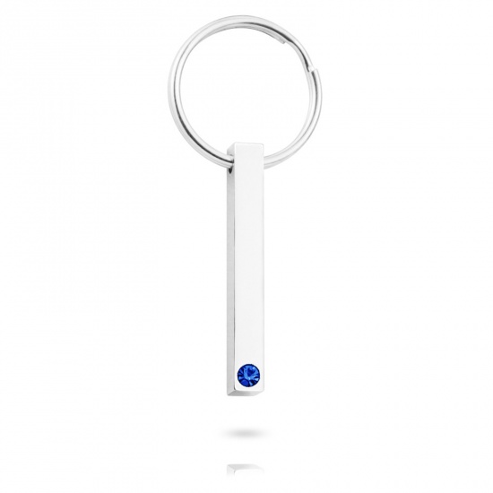 Image de Porte-Clés en 304 Acier Inoxydable Pierres de Naissance Annulaire Argent Mat Rectangle Pouvoir Graver sur Espace Blanc à Strass Bleu Foncé 65mm, 1 Pièce