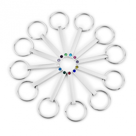 Image de Porte-Clés en 304 Acier Inoxydable Pierres de Naissance Annulaire Argent Mat Rectangle Pouvoir Graver sur Espace Blanc à Strass Lac Bleu 65mm, 1 Pièce