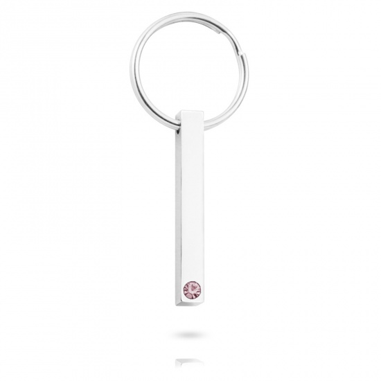 Image de Porte-Clés en 304 Acier Inoxydable Pierres de Naissance Annulaire Argent Mat Rectangle Pouvoir Graver sur Espace Blanc à Strass Rose Clair 65mm, 1 Pièce