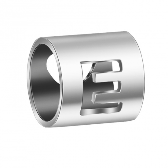 304ステンレス鋼 ビーズ 円筒形 シルバートーン 彫刻 キャピタルレター 文字" E " 6mm x 6mm、 2 個 の画像