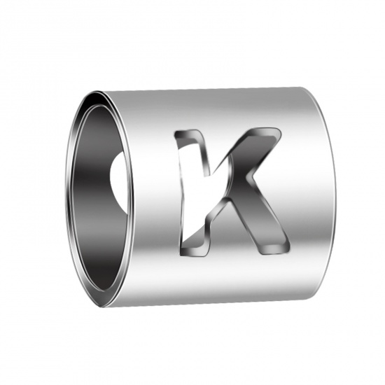 Picture of 304 Stainless Steel Beads Cylinder Silver Tone Initial Alphabet/ Capital Letter Message " K " 6mm x 6mm, 2 PCs