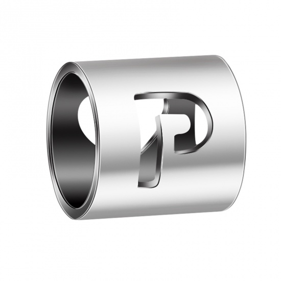 Picture of 304 Stainless Steel Beads Cylinder Silver Tone Initial Alphabet/ Capital Letter Message " P " 6mm x 6mm, 2 PCs