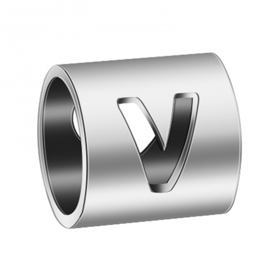 Picture of 304 Stainless Steel Beads Cylinder Silver Tone Initial Alphabet/ Capital Letter Message " V " 6mm x 6mm, 2 PCs