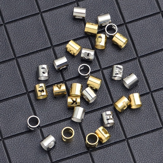 Imagen de 304 Acero Inoxidable Cuentas Cilíndrico Chapado en Oro Mayúscula Letra Mensaje " H " 6mm x 6mm, 2 Unidades
