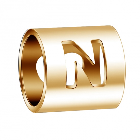 Imagen de 304 Acero Inoxidable Cuentas Cilíndrico Chapado en Oro Mayúscula Letra Mensaje " N " 6mm x 6mm, 2 Unidades