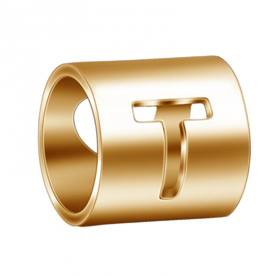 Imagen de 304 Acero Inoxidable Cuentas Cilíndrico Chapado en Oro Mayúscula Letra Mensaje " T " 6mm x 6mm, 2 Unidades
