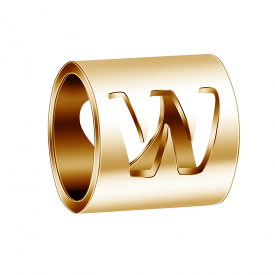 Imagen de 304 Acero Inoxidable Cuentas Cilíndrico Chapado en Oro Mayúscula Letra Mensaje " W " 6mm x 6mm, 2 Unidades