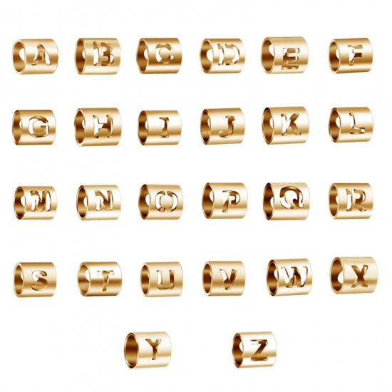 Imagen de 304 Acero Inoxidable Cuentas Cilíndrico Chapado en Oro Mayúscula Letra Mensaje " W " 6mm x 6mm, 2 Unidades