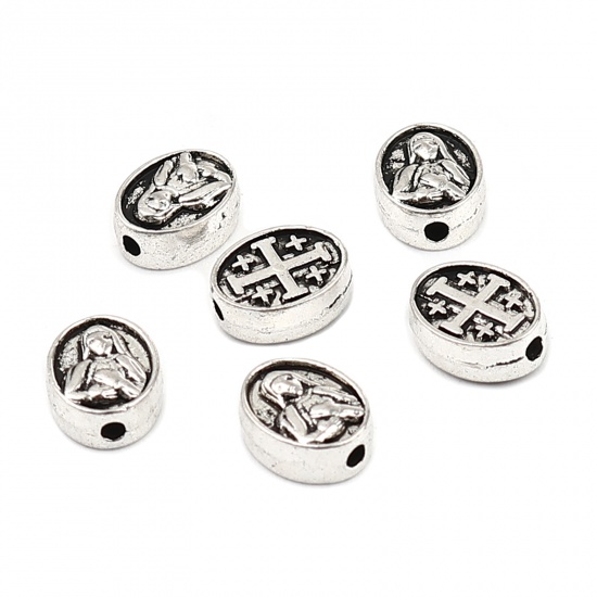 Picture of Zinc Based Alloy Religious Spacer Beads Oval Antique Silver Color Cross About 9mm x 7mm, Hole: Approx 1.4mm, 100 PCs