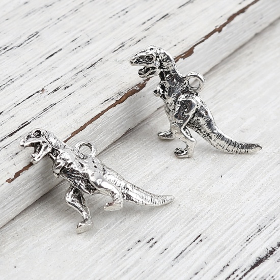 Picture of Zinc Based Alloy Charms Dinosaur Animal Antique Silver Color 3D 27mm x 22mm, 5 PCs