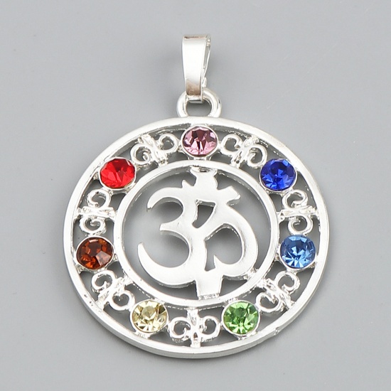 Picture of Zinc Based Alloy Yoga Healing Pendants Round Silver Plated OM/ Aum Symbol Multicolor Rhinestone 48mm x 35mm, 5 PCs