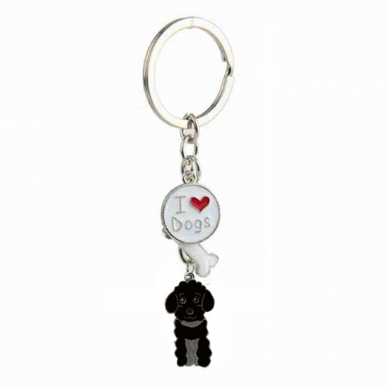 Picture of Pet Memorial Keychain & Keyring Silver Tone Black Poodle Animal Bone Message " I Love Dogs " Enamel 10cm, 1 Piece