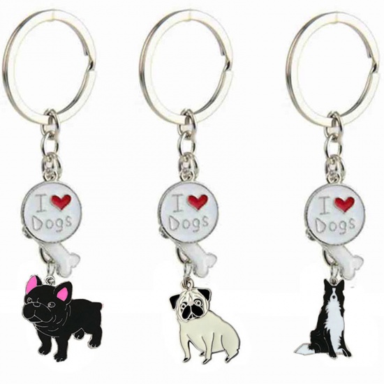 Picture of Pet Memorial Keychain & Keyring Silver Tone Brown Corrci Dog Bone Message " I Love Dogs " Enamel 10cm, 1 Piece