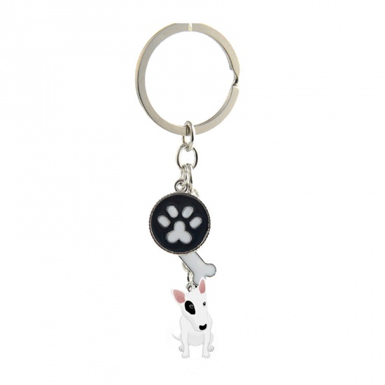 Picture of Pet Memorial Keychain & Keyring Silver Tone White Bull Terrier Paw Claw Enamel 10cm, 1 Piece