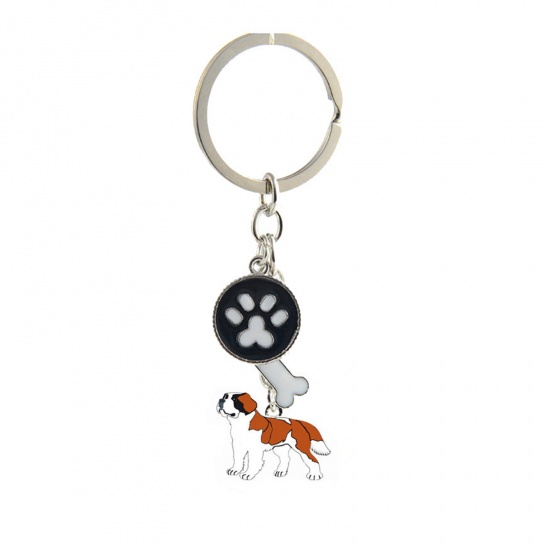 Picture of Pet Memorial Keychain & Keyring Silver Tone Brown Red Saint Bernard Paw Claw Enamel 10cm, 1 Piece